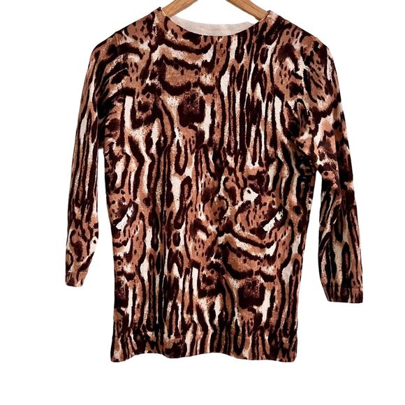 Talbots Merino Wool crew neck 3/4 sleeve animal print sweater SP Office cheetah - Picture 2 of 7